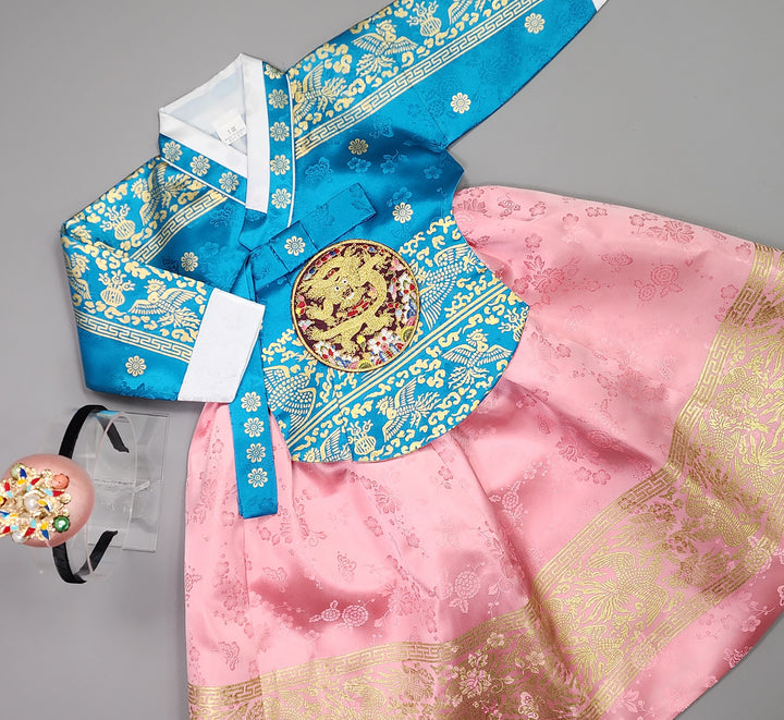 Hanbok Girl Baby Korea Traditional Clothing Set First Birthday Celebration Party Celebration 1–10 Years Blue Pink Skirt Gold Print HG127