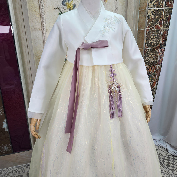 Korean Traditional Woman Personal Custom Hanbok Wedding Party Ceremony Ivory Yellow Beads Skirt Hanbok 317