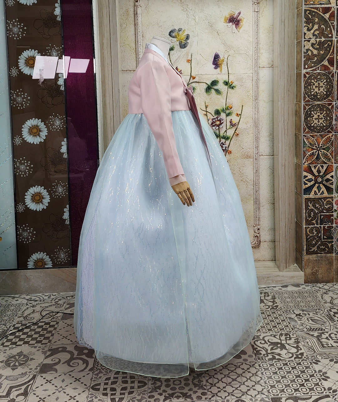 Korean Traditional Woman Personal Custom Hanbok Wedding Party Ceremony Pink Blue Beads Skirt Hanbok 142