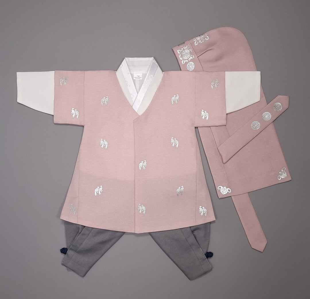 Korean Traditional Boy Baby Hanbok Dol Baikil Party Celebration 100th-10 Ages Pink Bird Silver Print HGB114