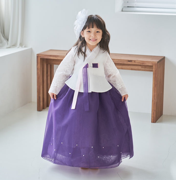 Hanbok Girl Baby Korea Traditional Clothing Set First Birthday Celebration Party Celebration 1 -8 years White Beads Embroidery Purple