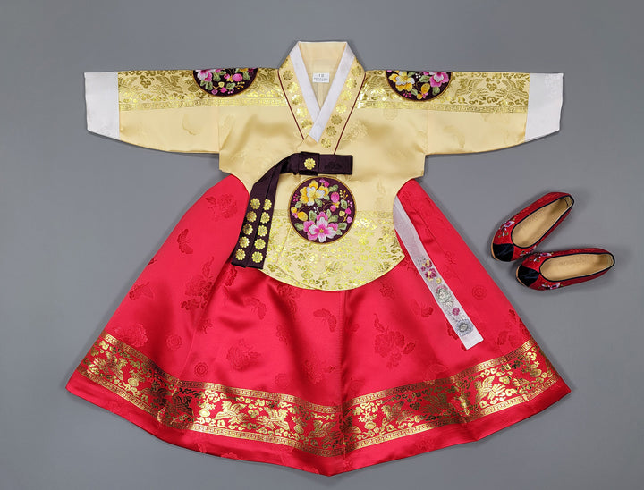 Hanbok Dress Girl Baby Korea Traditional Clothing Set First Birthday Celebration Party 100th Birth1–15 years Gold Print HG149