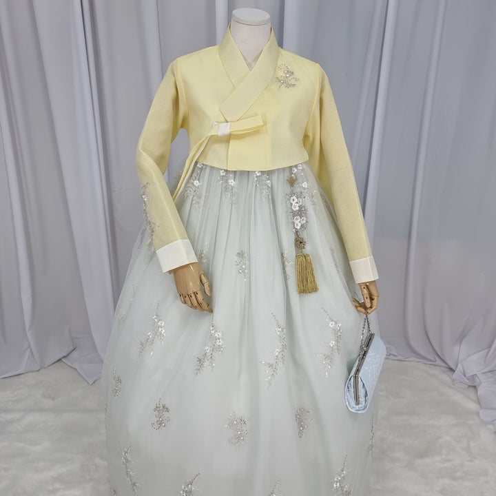 Woman Hanbok Dress Korea Traditional clothes Set Wedding Ceremony Birthday Custom-Made Yellow Beads OSW554