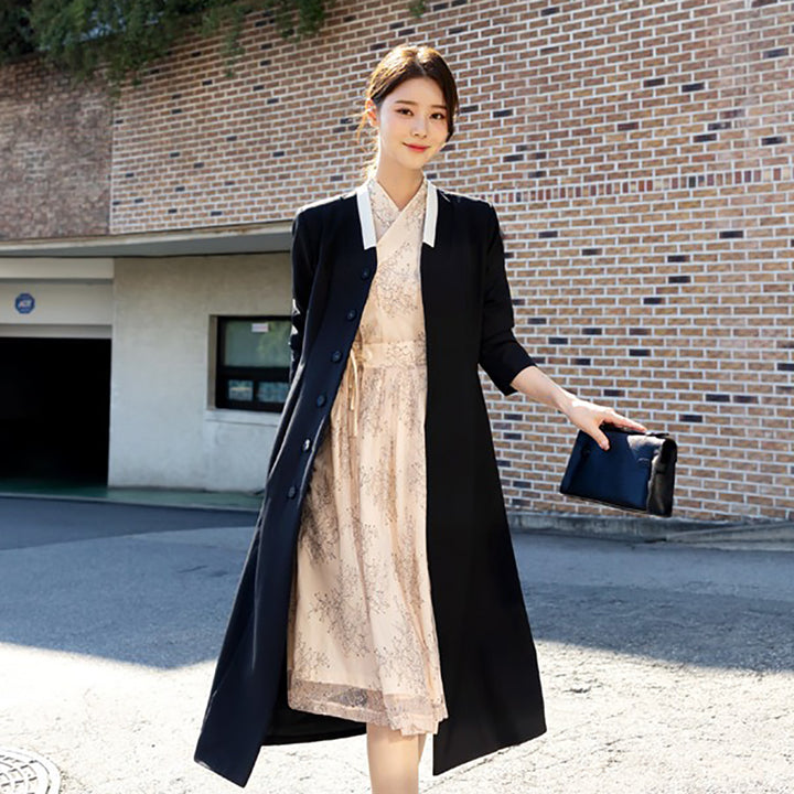 Korean Modern Hanbok Black Coat Jacket Fancy Casual Daily Clothing Fusion Hanbok Party CHD320