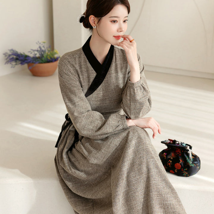 Woman Korean Modern Hanbok Gray Dress Black Wrapped Skirt Fancy Casual Daily Clothing Fusion Hanbok Party CHD408