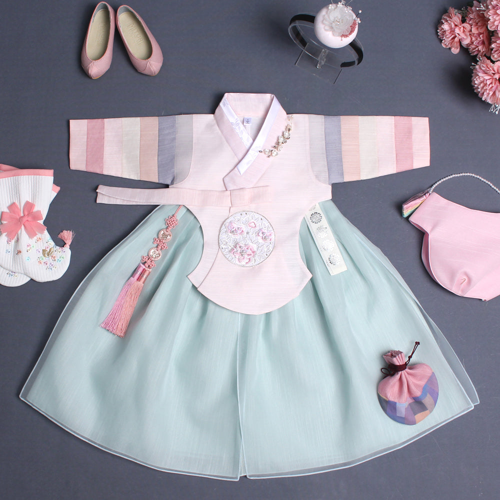 Hanbok Girl Baby Korea Traditional Clothing Set First Birthday Celebration Party Celebration 1–8 years Light Pink Mint 색동 DGH109