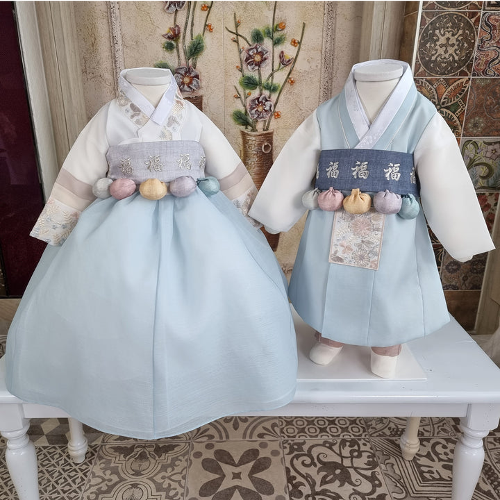 Hanbok Boy Girl Baby Korea Traditional Clothing Set First Birthday Celebration Party 100th Birth Celebration 1–15 years Light Blue HGB205