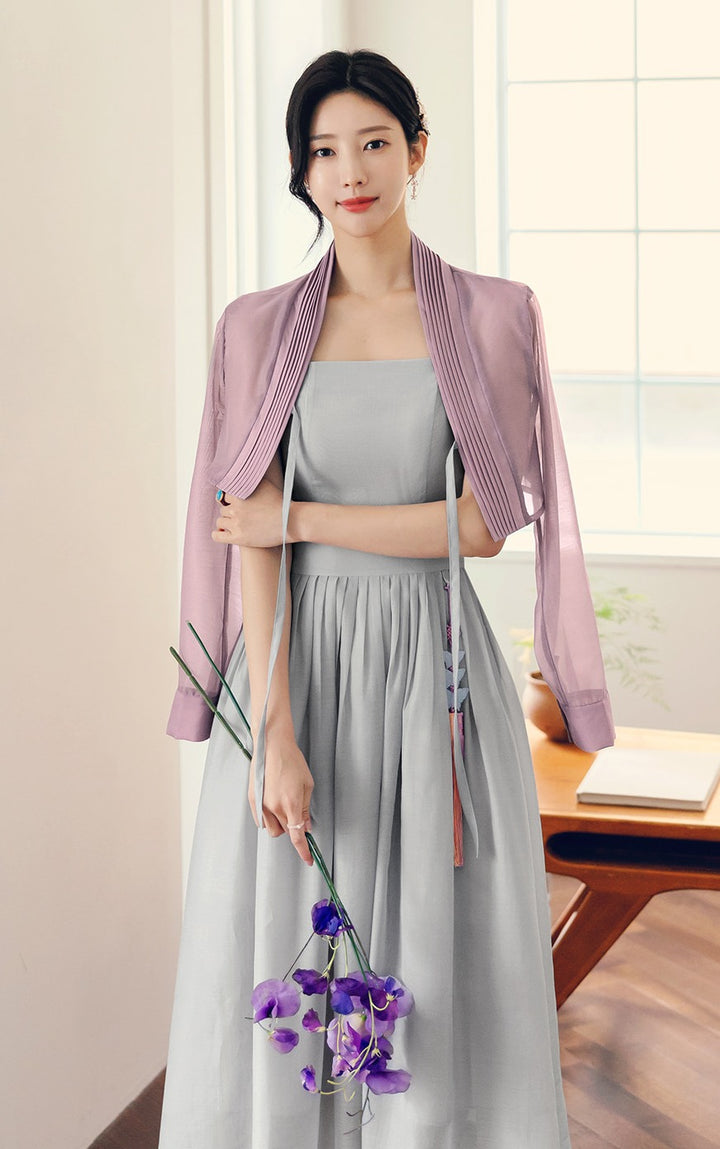 Korean Modern Hanbok Gray Dress Violet Jacket Fancy Casual Daily Clothing Fusion Hanbok Summer party CHD314