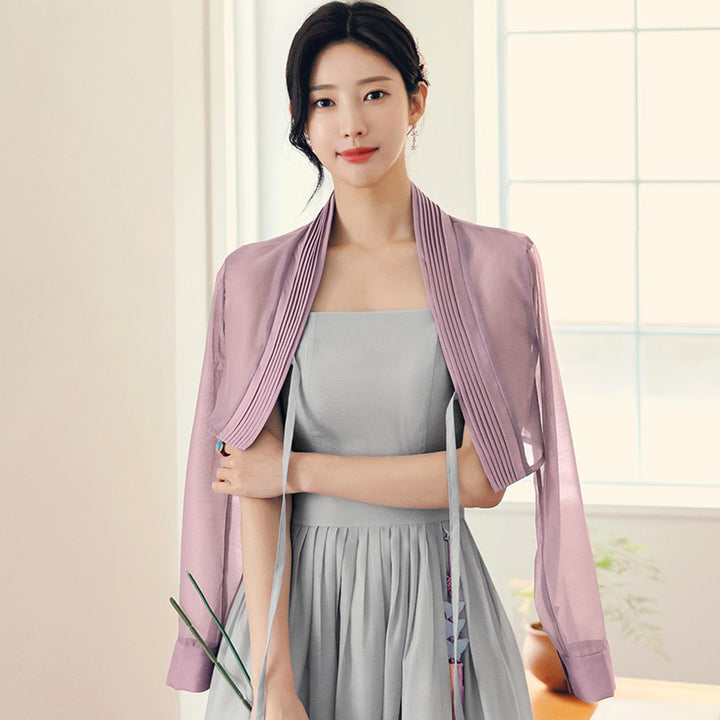 Korean Modern Hanbok Gray Dress Violet Jacket Fancy Casual Daily Clothing Fusion Hanbok Summer party CHD314