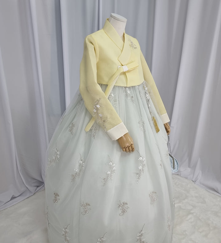 Woman Hanbok Dress Korea Traditional clothes Set Wedding Ceremony Birthday Custom-Made Yellow Beads OSW554