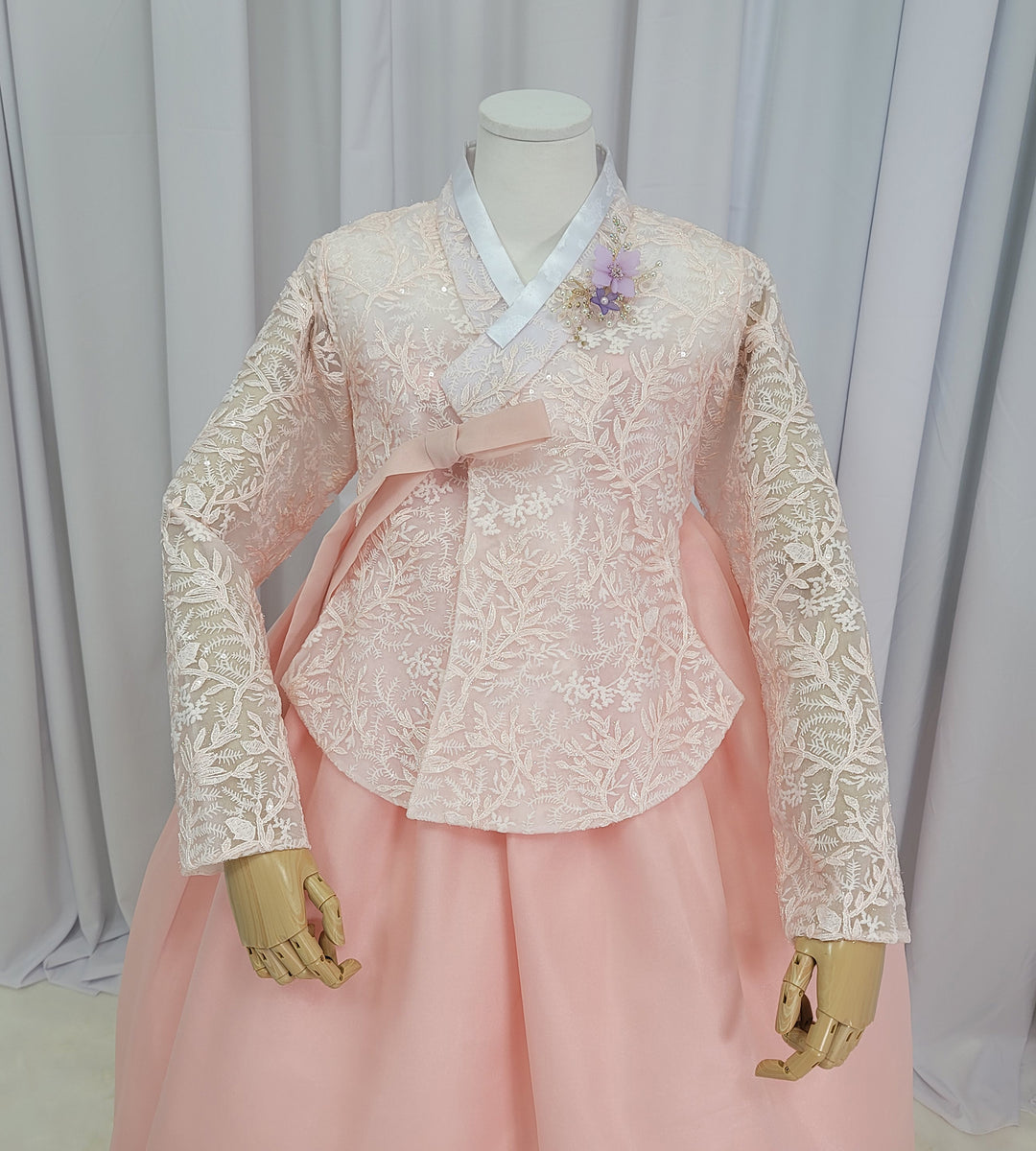 Korean Traditional Fancy Woman Personal Custom Hanbok Wedding Party Ceremony Mom Daughter Couple Look Pink Peach Lace Hanbok OSF136