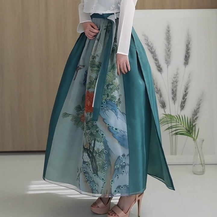 Korean Modern Daily Hanbok Casual Modernized Party Celebration Dress Top Jeogori Skirt Black Embroidery Traditional Painting SSN007