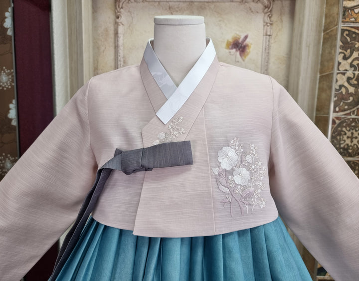 Korean Traditional Woman Personal Custom Hanbok Wedding Party Ceremony Lovely Pink Embroidery Blue Hanbok Skirt Mom Grandmom Hanbok OSW137