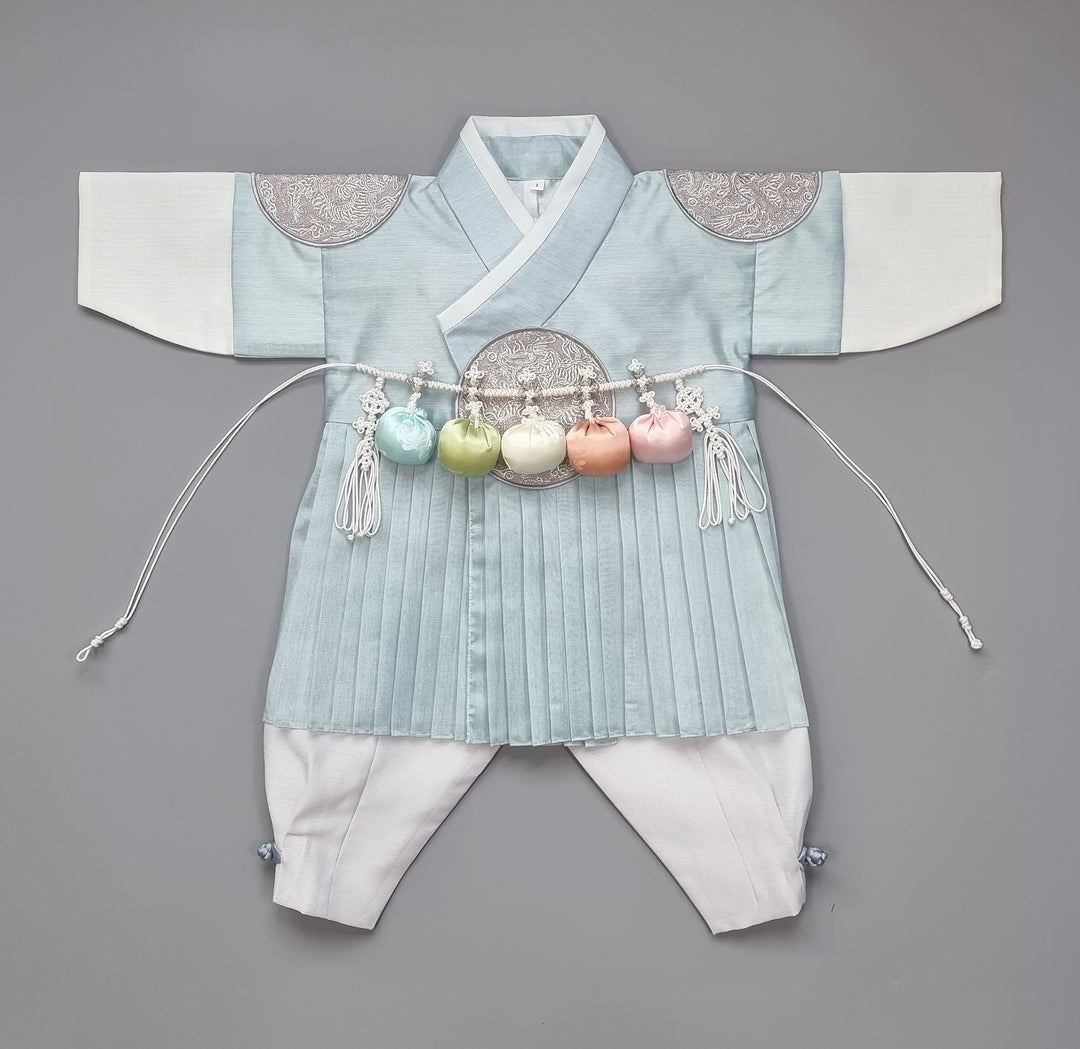 Korean Traditional Boy Baby Hanbok Dol Baikil Party Celebration 100th-10 Ages King Design Blue GHB101