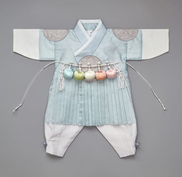 Korean Traditional Boy Baby Hanbok Dol Baikil Party Celebration 100th-10 Ages King Design Blue GHB101