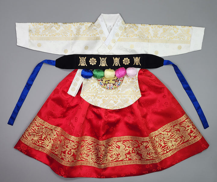 Hanbok Girl Baby Korea Traditional Clothing Set First Birthday Celebration Party Celebration 1–10 Years White Red Skirt Gold Print HG132