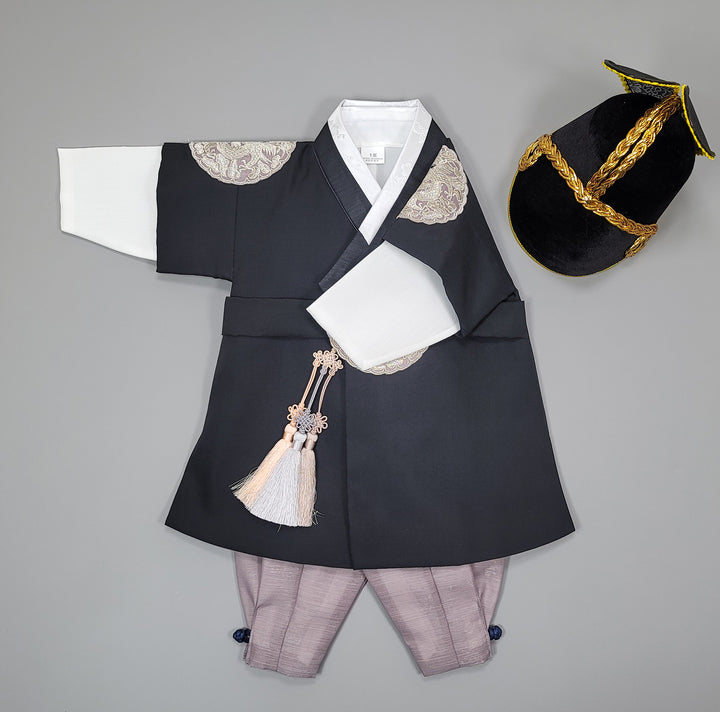 Korean Traditioanl Boy Baby Hanbok Dol Baikil Party Celebration 100th-8 Ages Black Kings Design