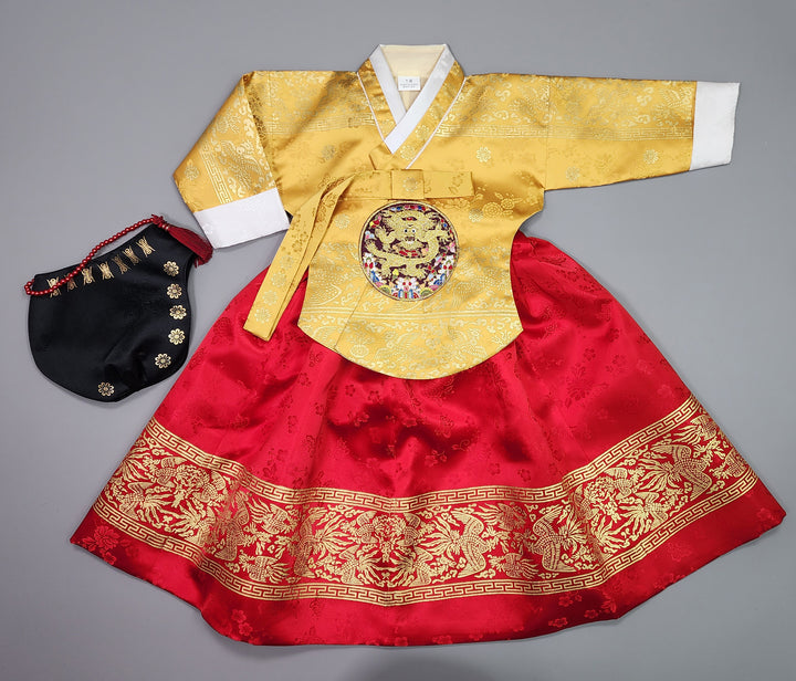 Hanbok Girl Baby Korea Traditional Clothing Set First Birthday Celebration Party Celebration 1–10 Years Red Skirt Gold Print HG129