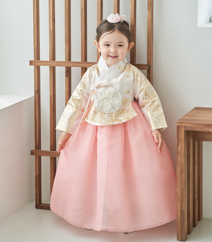 Hanbok Dress Girl Baby Korea Traditional Clothing Set First Birthday Celebration Party Celebration 1–8 Years Ivory Pink Fancy Gold Print OS106