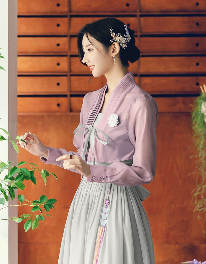 Korean Modern Hanbok Gray Dress Violet Jacket Fancy Casual Daily Clothing Fusion Hanbok Summer party CHD314