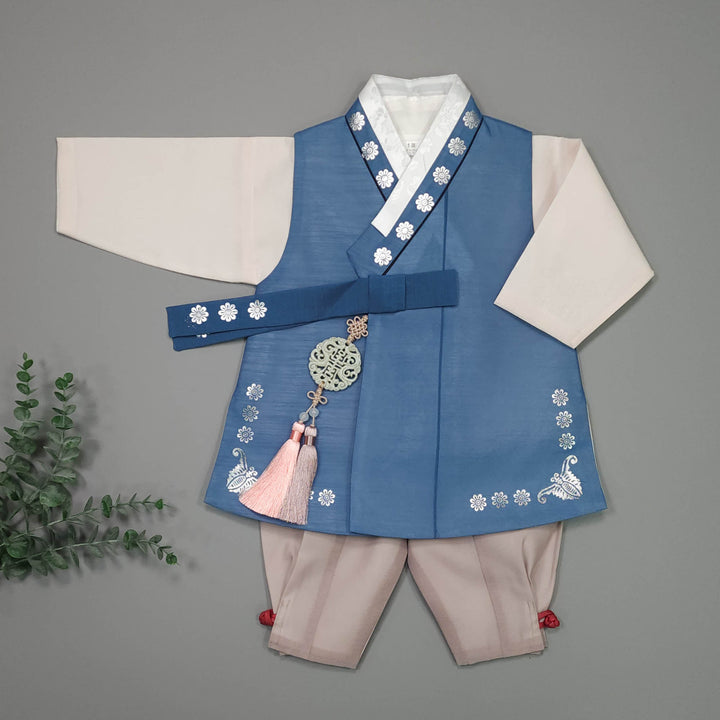 Korean Traditional Boy Baby Hanbok Dol Baikil Party Celebration 100th-15 Ages Blue Silver Print JYB106