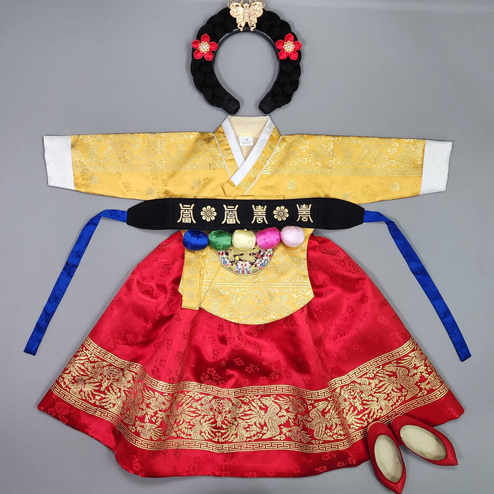 Hanbok Girl Baby Korea Traditional Clothing Set First Birthday Celebration Party Celebration 1–10 Years Red Skirt Gold Print HG129