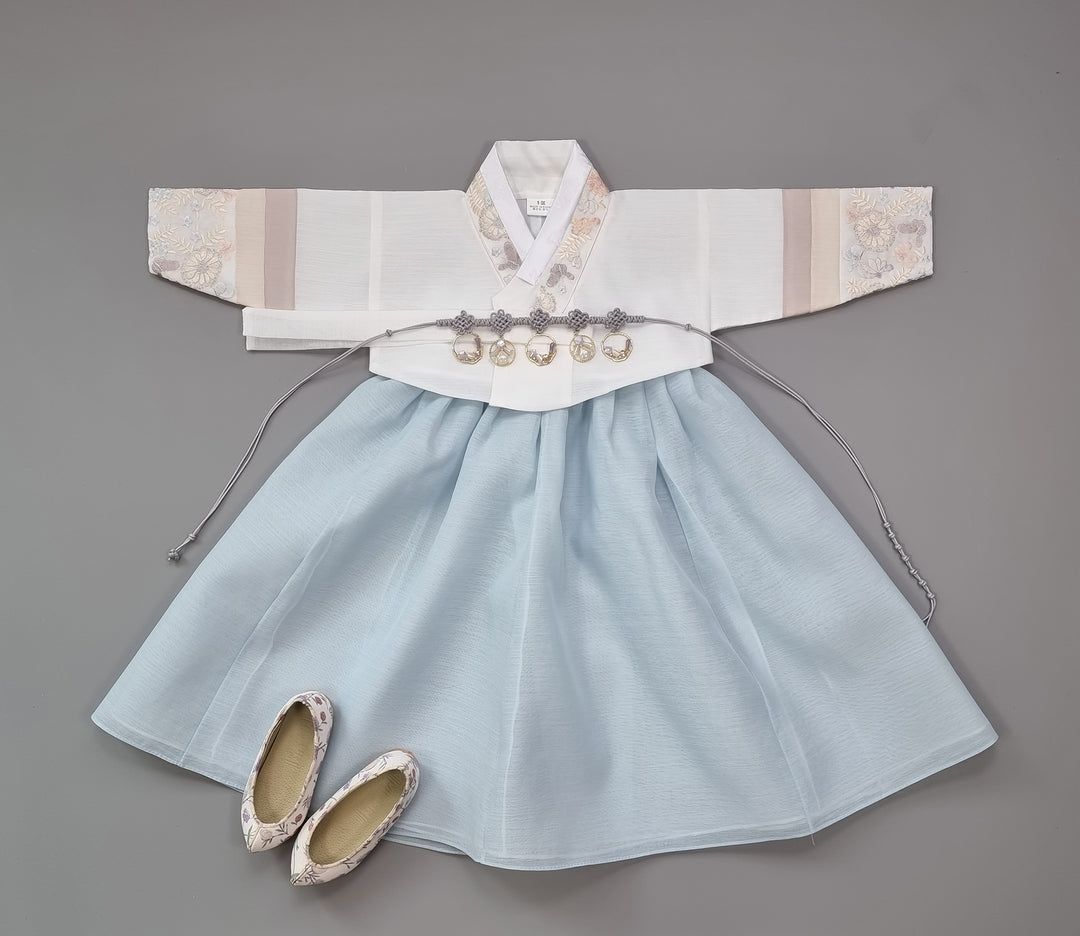 Hanbok Girl Baby Korea Traditional Clothing Set First Birthday Celebration Party 100th Birth Celebration 1 - 15 years White Embroidery Blue