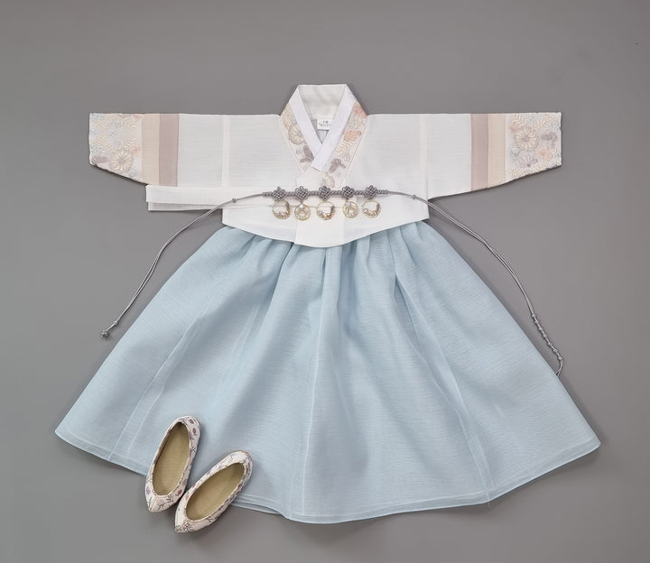 Hanbok Girl Baby Korea Traditional Clothing Set First Birthday Celebration Party 100th Birth Celebration 1 - 15 years White Embroidery Blue