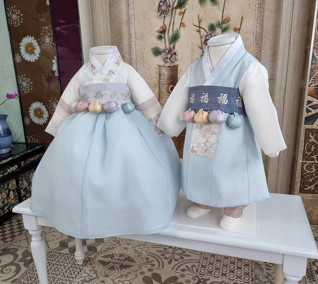 Hanbok Boy Girl Baby Korea Traditional Clothing Set First Birthday Celebration Party 100th Birth Celebration 1–15 years Light Blue HGB205