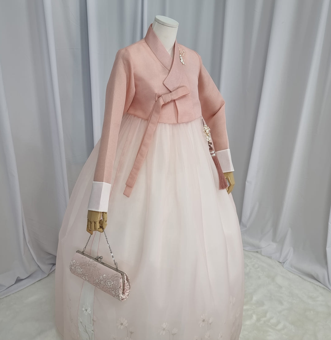 Woman Hanbok Dress Korea Traditional clothes Set Wedding Ceremony Birthday Custom-Made Peach Flower Lace OSW555