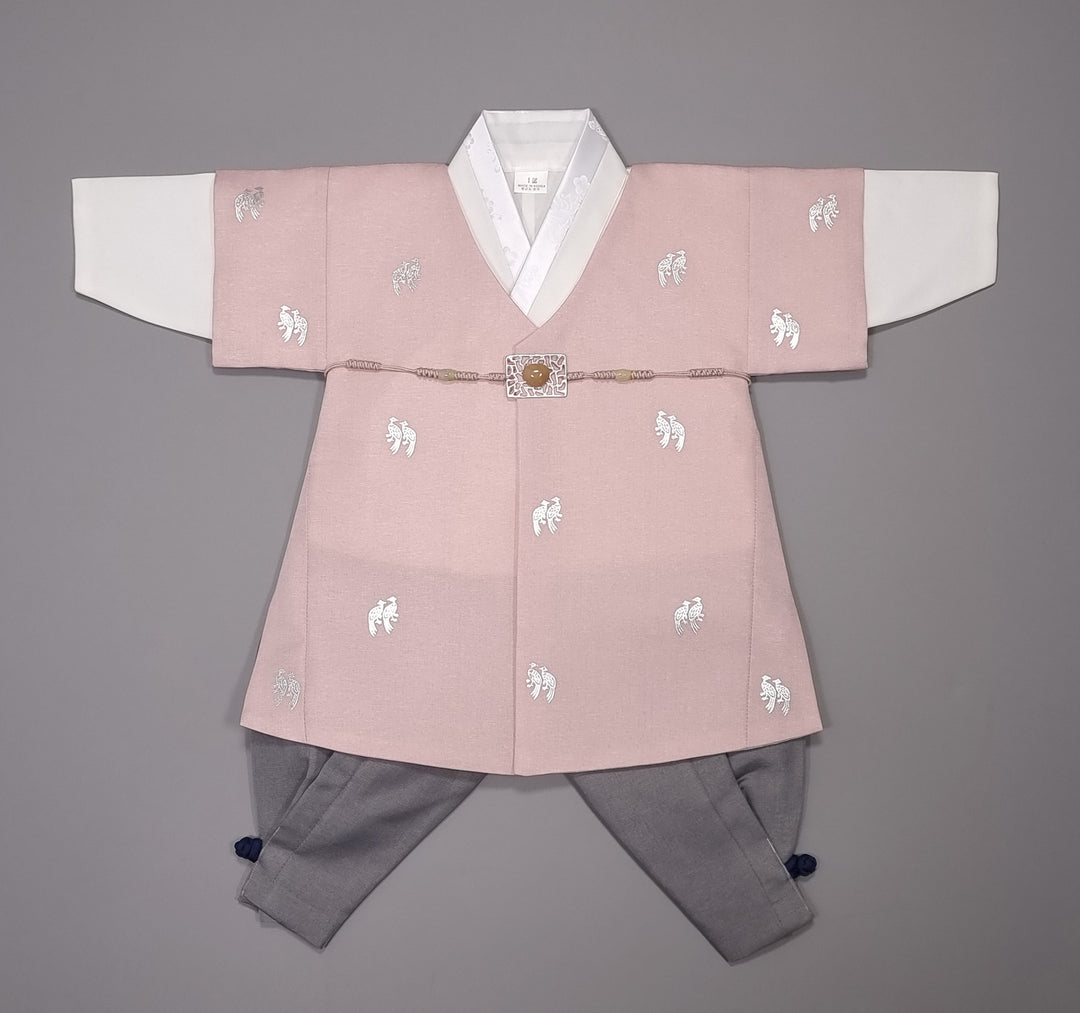 Korean Traditional Boy Baby Hanbok Dol Baikil Party Celebration 100th-10 Ages Pink Bird Silver Print HGB114