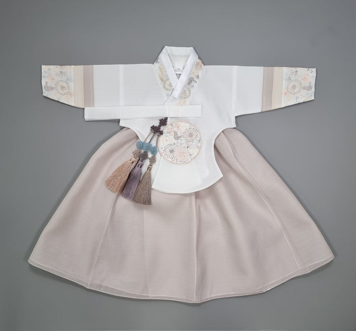 Hanbok Girl Baby Korea Traditional Clothing Set First Birthday Celebration Party 100th Birth Celebration 1 - 15 years White Embroidery Beige