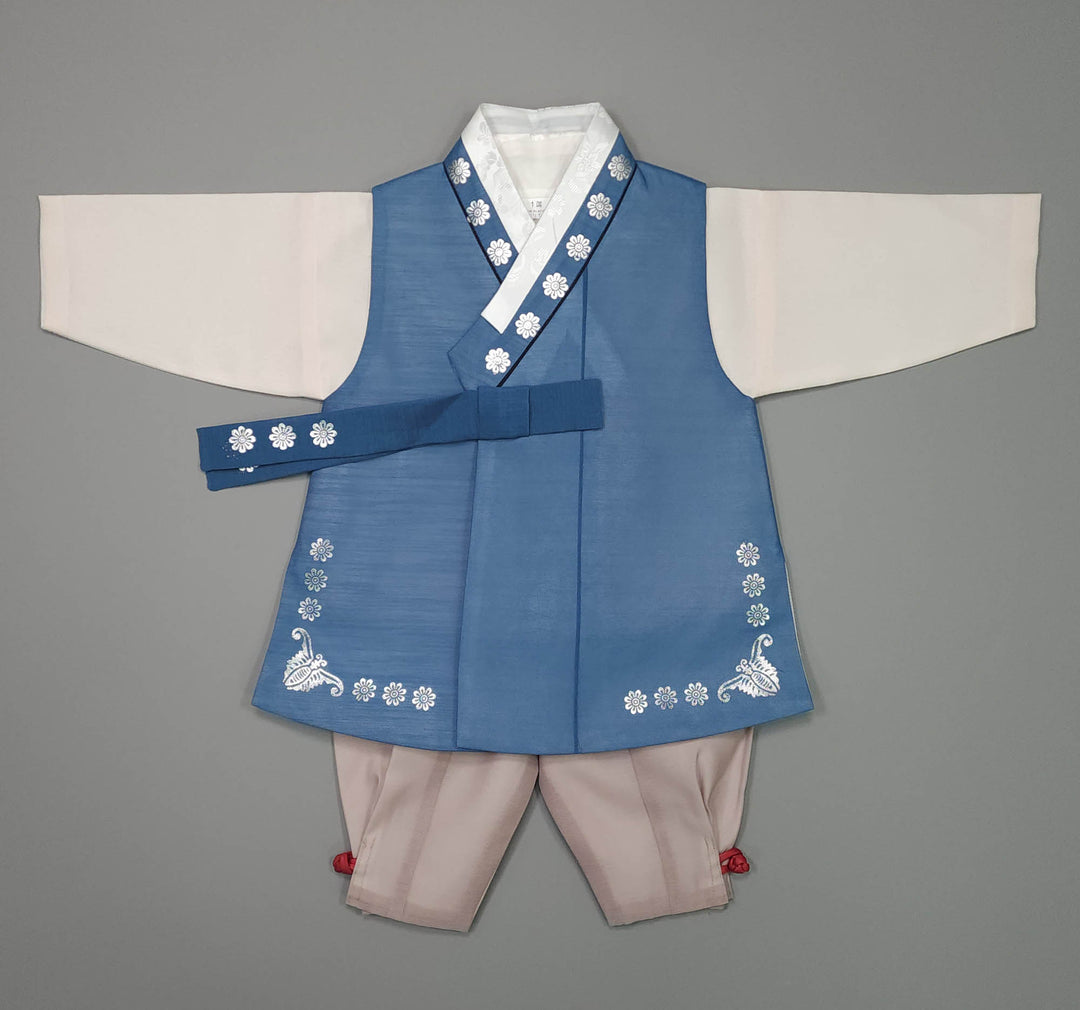 Korean Traditional Boy Baby Hanbok Dol Baikil Party Celebration 100th-15 Ages Blue Silver Print JYB106