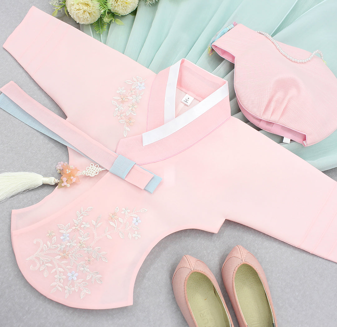 Hanbok Girl Baby Korea Traditional Clothing Set First Birthday Celebration Party Celebration 1–8 years Pink Mint Embroidery DGH107