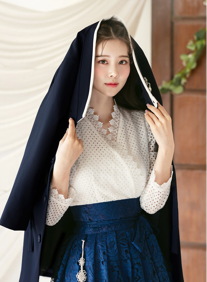 Korean Modern Hanbok Dark Navy Coat Jacket Fancy Casual Daily Clothing Fusion Hanbok Party CHD321