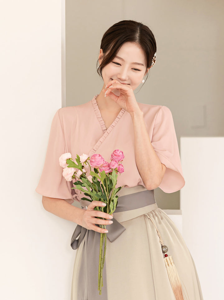 Korean Modern Hanbok Pink Blouse Top Jeogori Beige Skirt Fancy Casual Daily Clothing Fusion Hanbok CHD311