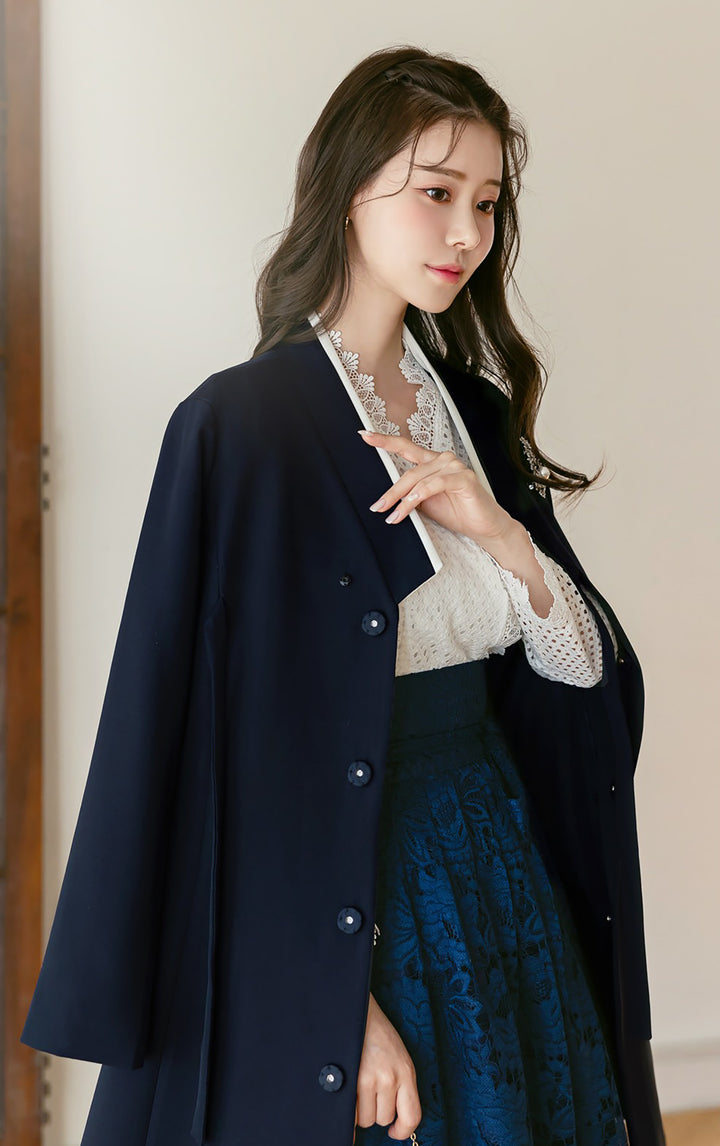 Korean Modern Hanbok Dark Navy Coat Jacket Fancy Casual Daily Clothing Fusion Hanbok Party CHD321