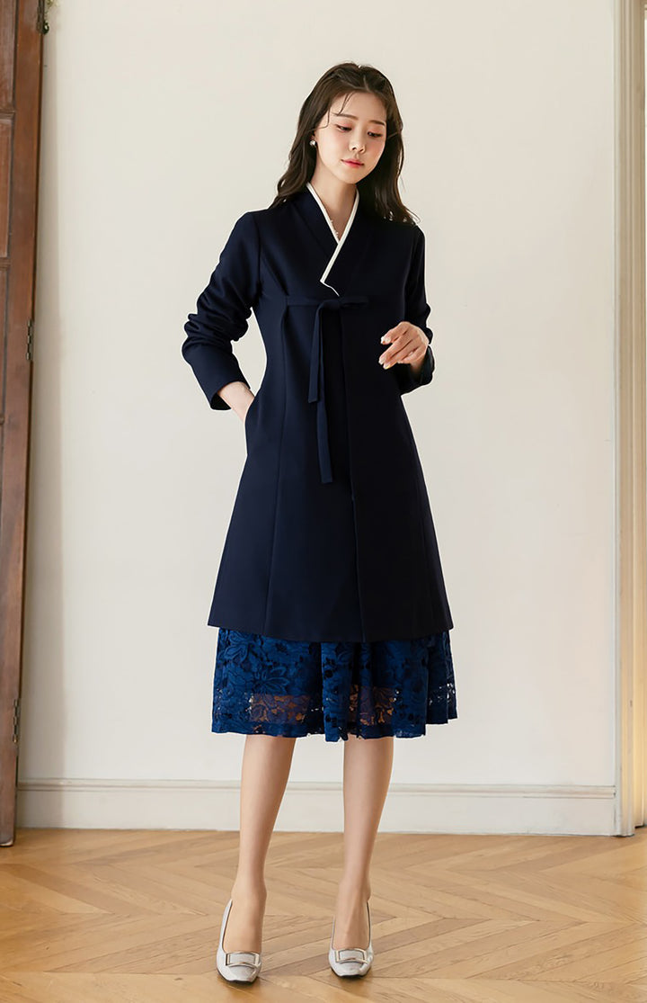 Korean Modern Hanbok Dark Navy Coat Jacket Fancy Casual Daily Clothing Fusion Hanbok Party CHD321