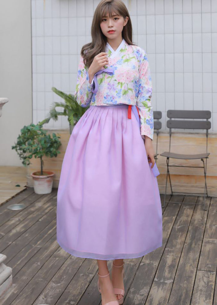 Korean Modern Daily Hanbok Casual Modernized Party Celebration Dress Top Jeogori Skirt Pink Violet