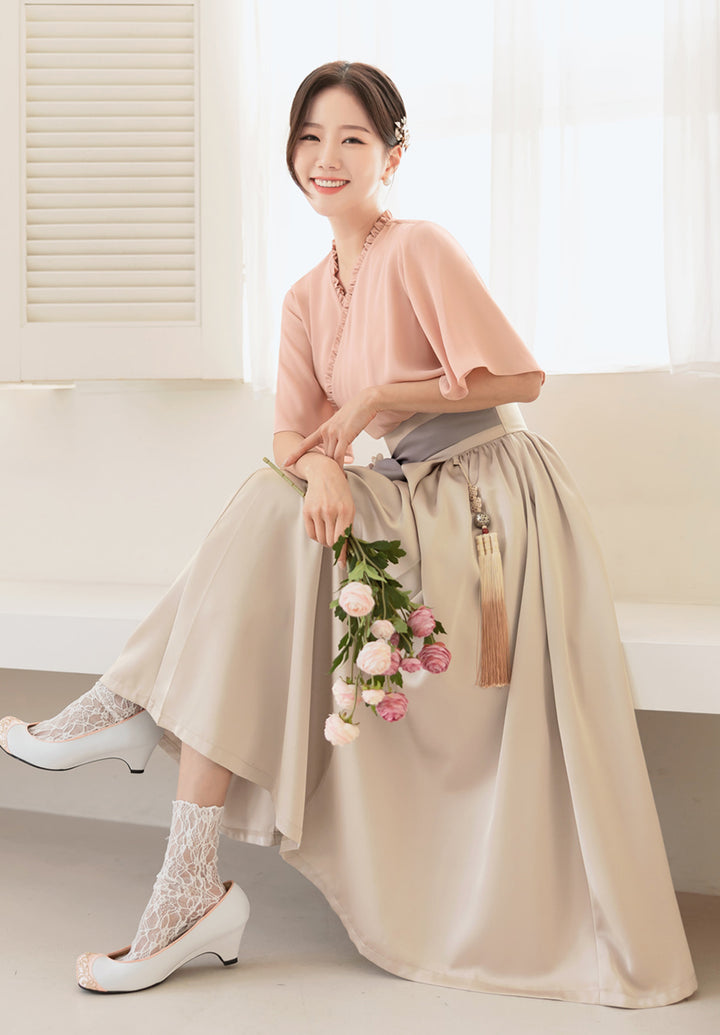 Korean Modern Hanbok Pink Blouse Top Jeogori Beige Skirt Fancy Casual Daily Clothing Fusion Hanbok CHD311