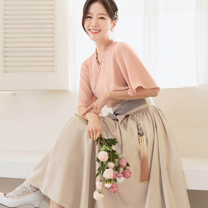 Korean Modern Hanbok Pink Blouse Top Jeogori Beige Skirt Fancy Casual Daily Clothing Fusion Hanbok CHD311