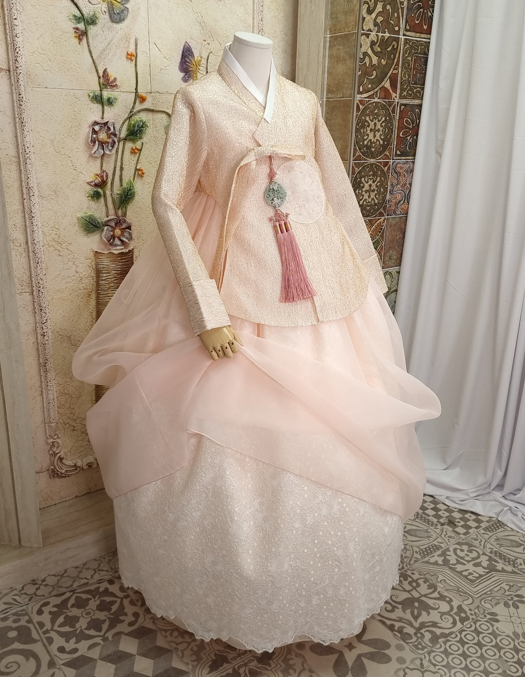 Korean Traditional Woman Personal Custom Hanbok Wedding Party Ceremony Beads Lace Light Peach OSW001