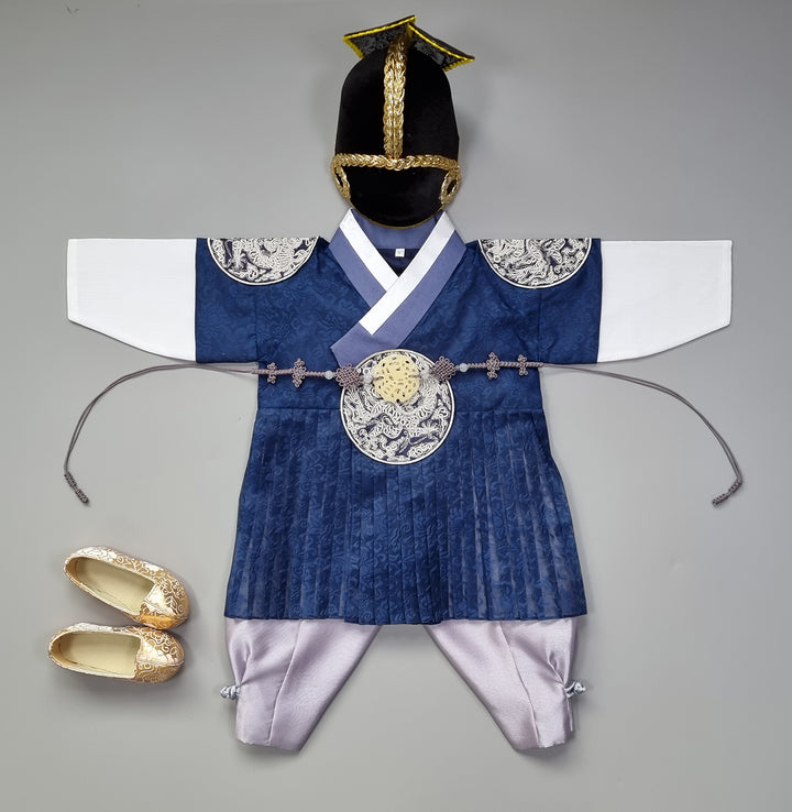 Korean Traditional Boy Baby Hanbok Dol Baikil Party Celebration 100th-10 Ages King Design Navy GHB102