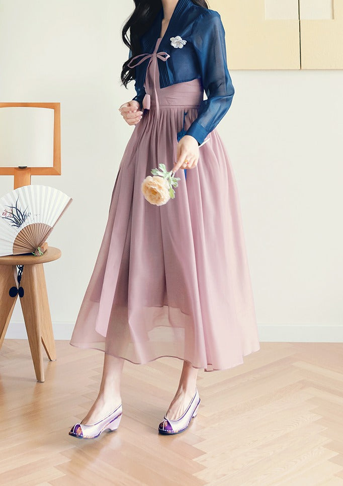 Korean Modern Hanbok Violet Dress Navy Jacket Fancy Casual Daily Clothing Fusion Hanbok Summer party CHD315