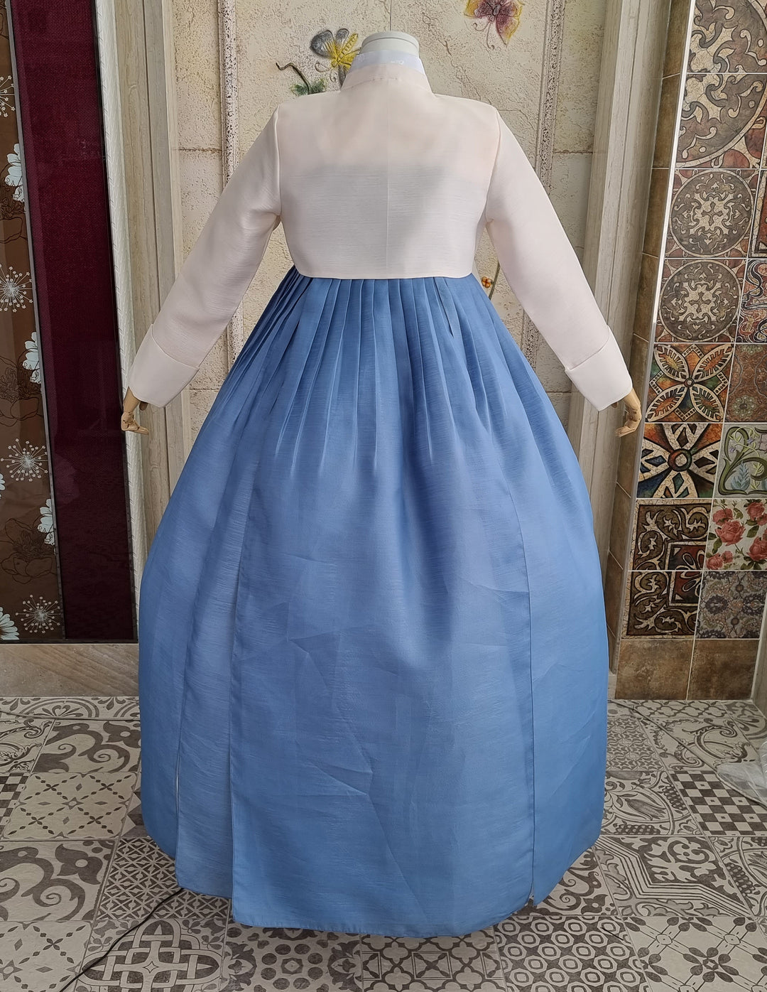 Korean Traditional Woman Personal Custom Hanbok Wedding Party Ceremony Ivory Embroidery Blue Skirt Mom Grandmom Hanbok OSW133