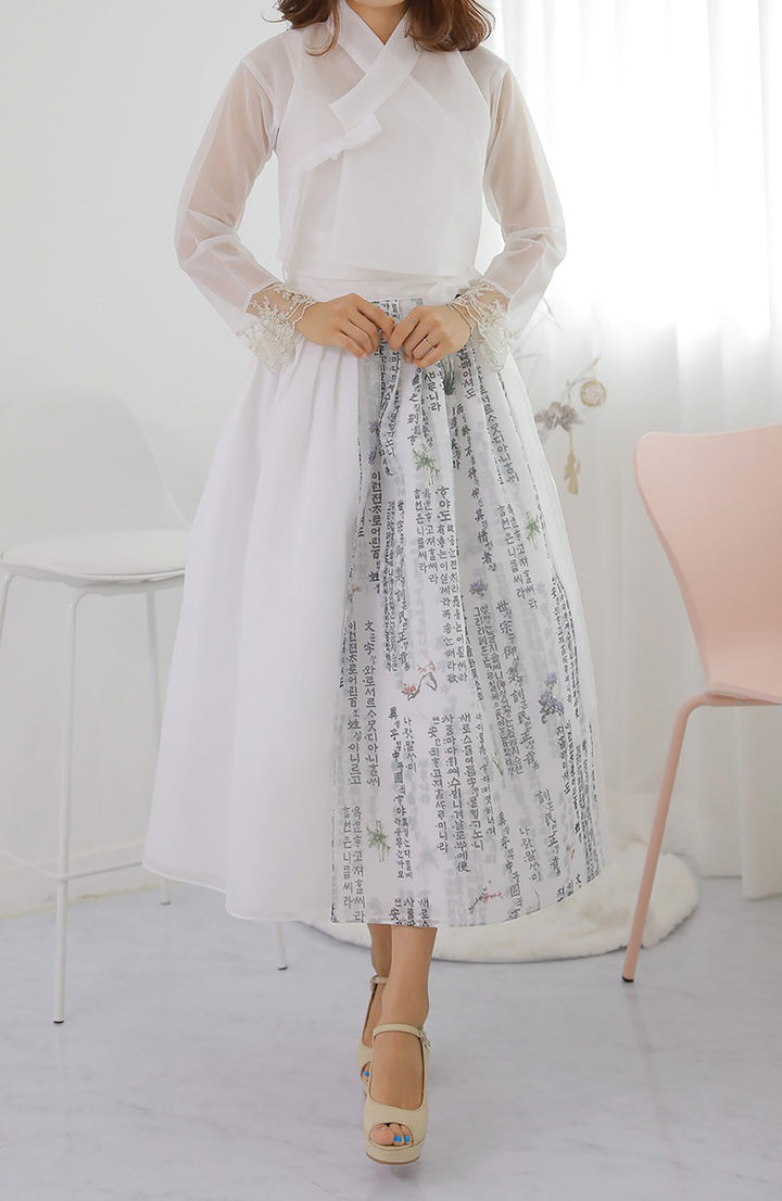 Korean Modern Daily Hanbok Casual Modernized Party Celebration Dress Top Jeogori Skirt White Korean Letter Design SSN001