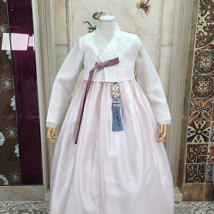 Korean Traditional Woman Personal Custom Hanbok Wedding Party Ceremony Ivory Embroidery Light Pink Skirt Mom Grandmom Hanbok 148