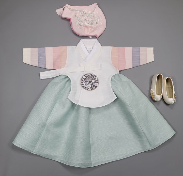 Hanbok Dress Girl Baby Korea Traditional Clothing Set First Birthday Celebration Party 100th Birth1–15 years Ivory 색동 Mint HG153