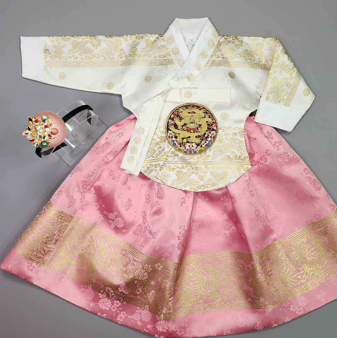 Hanbok Girl Baby Korea Traditional Clothing Set First Birthday Celebration Party Celebration 1–10 Years White Pink Skirt Gold Print HG128