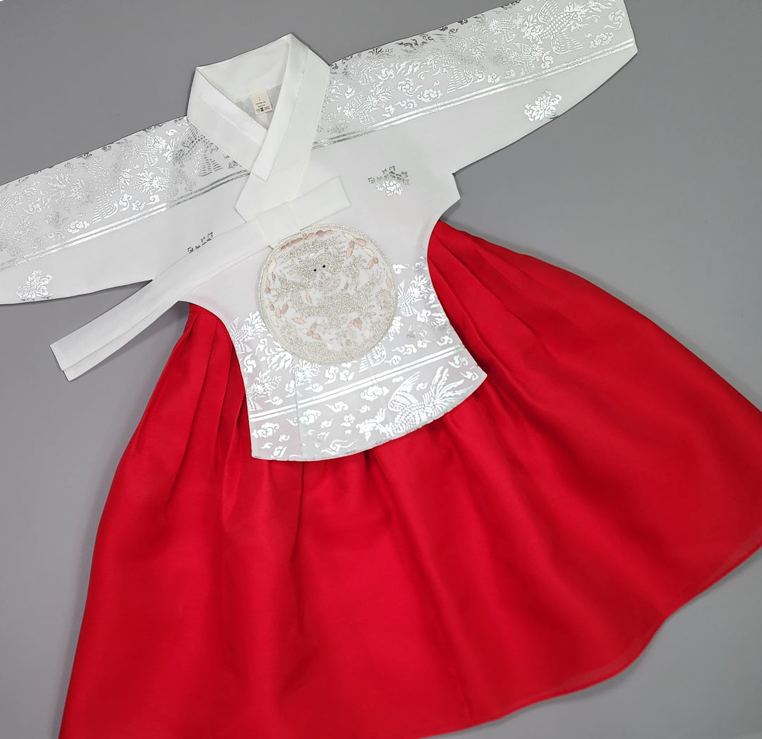 Hanbok Girl Baby Korea Traditional Clothing Set First Birthday Celebration Party Celebration 1–15 years Vivid Red Silver Print OSG326